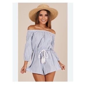 Cotton white/blue Striped Off-Shoulder Romper with rope Belt size medium
